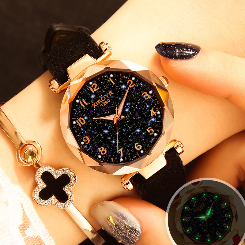 Luxury Starry Sky Watch for Women Fashion Ladies Quartz Wristwatch Red Leather Waterproof Clock