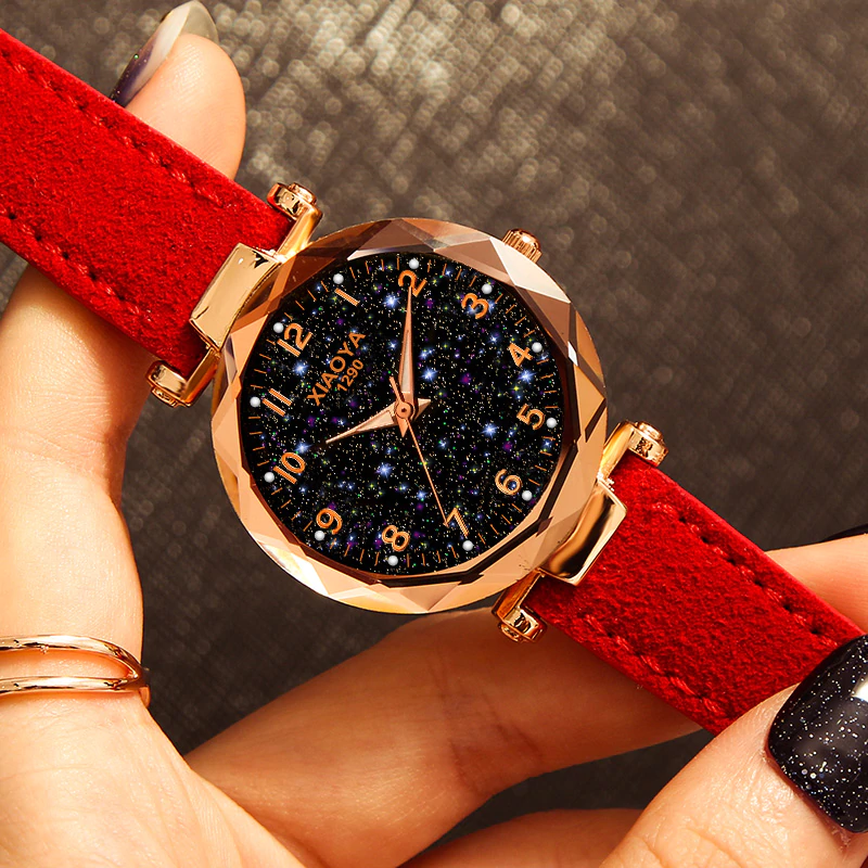 Luxury Starry Sky Watch for Women Fashion Ladies Quartz Wristwatch Red Leather Waterproof Clock