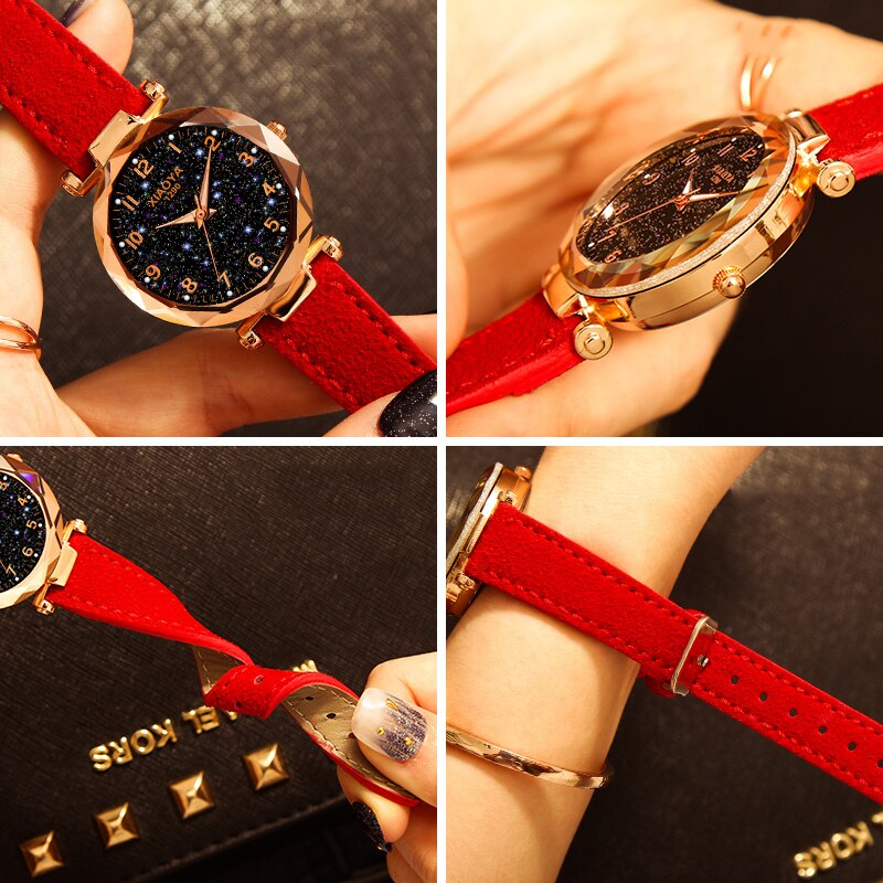 Luxury Starry Sky Watch for Women Fashion Ladies Quartz Wristwatch Red Leather Waterproof Clock