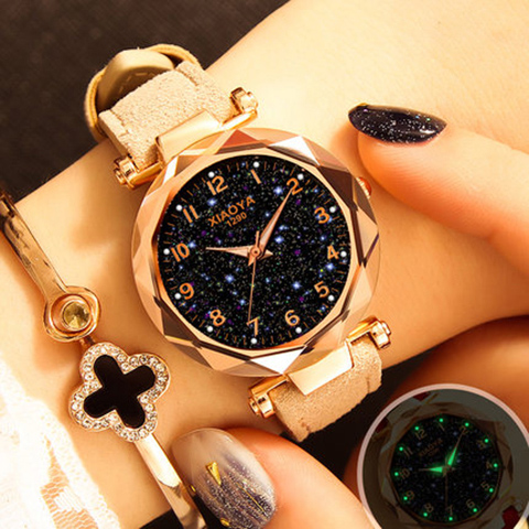 Luxury Starry Sky Watch for Women Fashion Ladies Quartz Wristwatch Red Leather Waterproof Clock