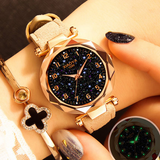 Luxury Starry Sky Watch for Women Fashion Ladies Quartz Wristwatch Red Leather Waterproof Clock